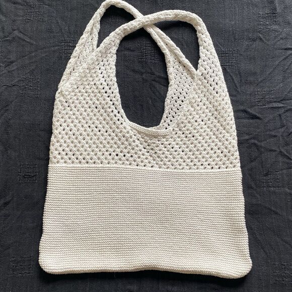 Y2K Knit Crochet Shoulder Bag. White. Boho Hippie Festival. 19”x15”. Summer. - Picture 3 of 7